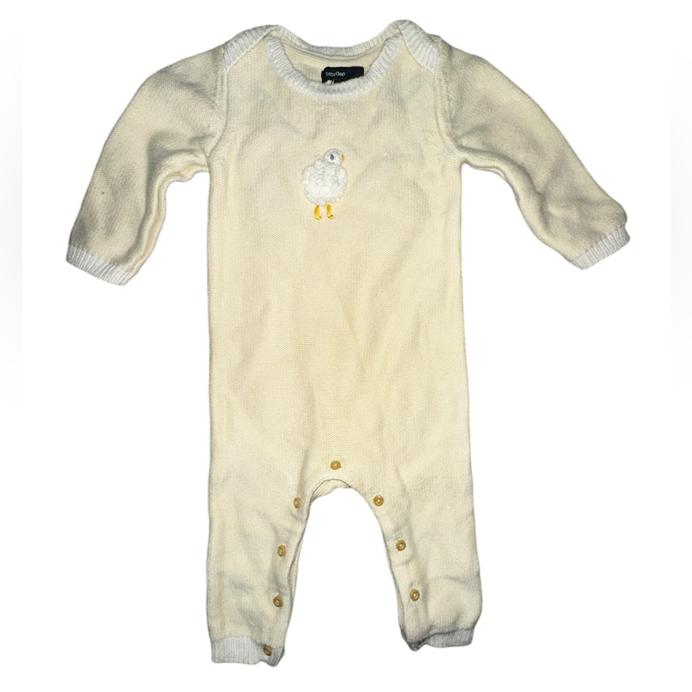 Knit cream color romper from Baby Gap with knit baby chick design.
